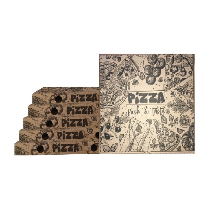 Комплект 500 натурални кутии за пица, модел "Pizza Fresh & Tasty", 32x3,5x32 см