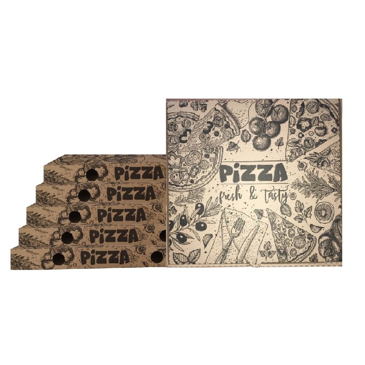 Комплект от 500 натурални кутии за пица, модел "Pizza Fresh & Tasty", размер 28x3,5x28 см - картонена опаковка