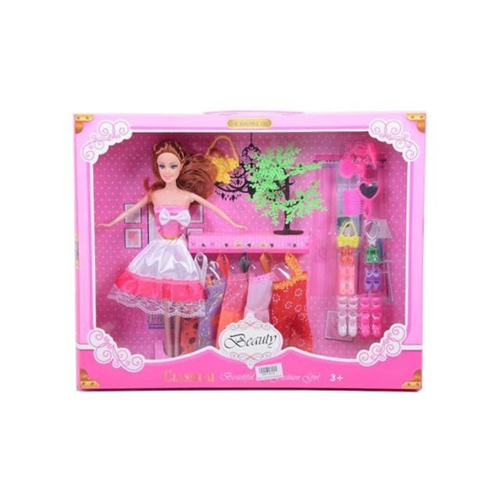 MK Toys 1464187 Öltöztethető Betty baba dísznövénnyel, ruhadarabokkal és divatos kiegészítőkkel 28cm