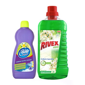 Pachet Detergent universal Rivex Casa Spring fresh 1l + Sampon pentru covoare Biocarpet 750 ml Pachet Detergent universal Rivex Casa Spring fresh 1l + Sampon pentru covoare Biocarpet 750 ml