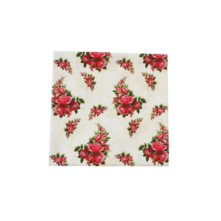 Fata de masa damasc teflonat, 150x210 cm, model trandafiri culoare roz, pe fundal crem