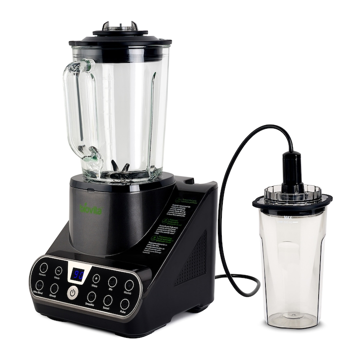 Blender cu mixare in vid, Biovita Vacuum, Putere 1300W, 30.000 RPM, Vas din sticla 1.5 Litri, 7 Programe predefinite, 6 lame din inox