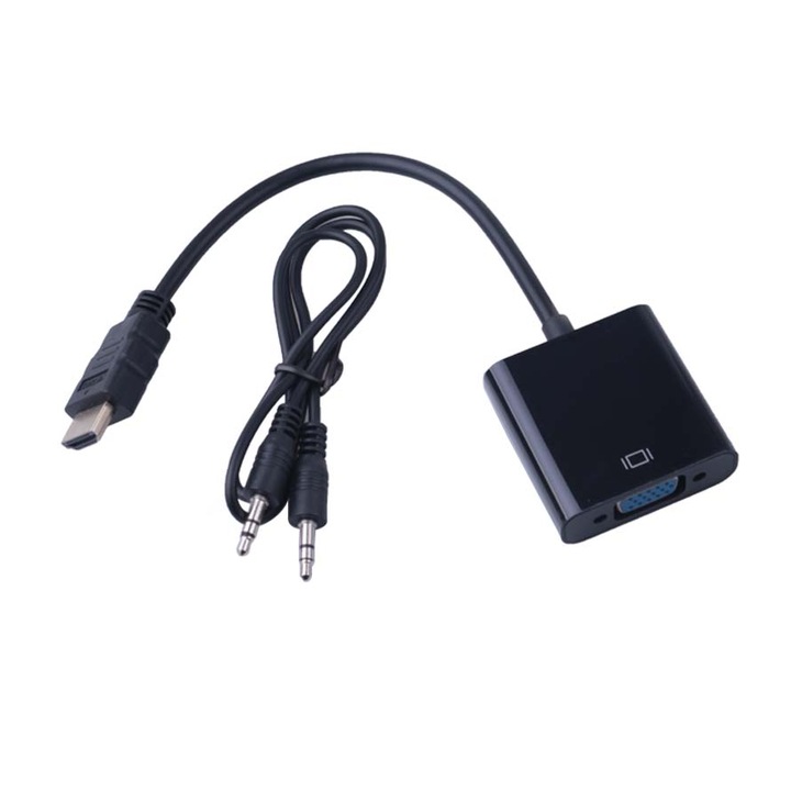 Cablu convertor cu mufe HDMI tata la VGA mama, culoare neagra, cablu jack 3.5mm 1m lungime inclus, lungime convertor 15cm