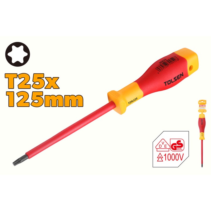 Surubelnita torx T25x125mm TOLSEN VDEline PREMIUM 1000V, certificata VDE/GS, lama S2 tratata si innegrita chimic, maner ergonomic EN60900, pentru lucrari electrice sigure si precise Crom vanadiu Rosu|Galben, Surubelnita profesionala certificata VDE