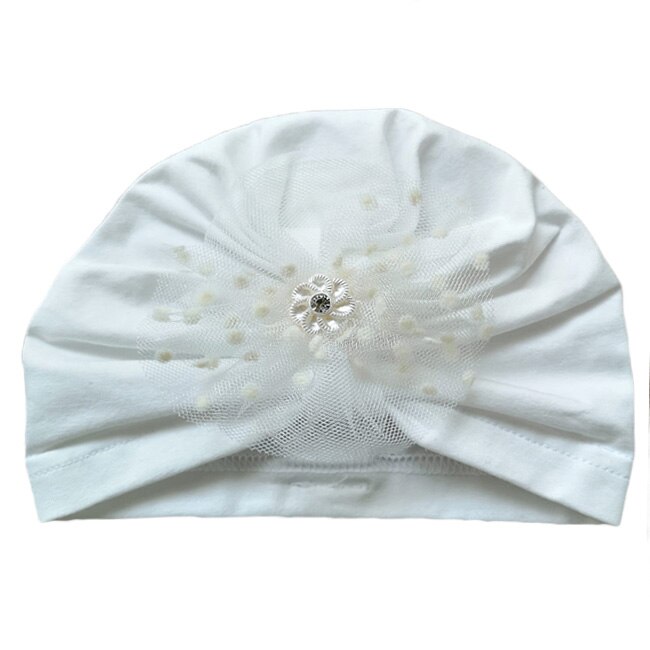 Turban botez Mic Pitic T71NN cu floare din tulle cu buline, ecru, 42 cm