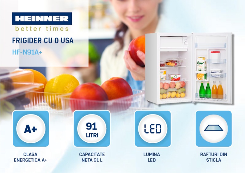 Frigider cu o usa Heinner HF-N91A+, 91 l, Clasa A+, Iluminare LED, H 84.2 cm, Alb - eMAG.ro
