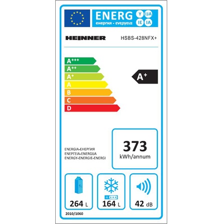 Side by side Heinner HSBS-428NFX+, 428 l, Clasa A+, No Frost, Display LED interior, H 178 cm, Argintiu