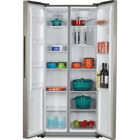 Side by side Heinner HSBS-441NFXF+, 428 l, No Frost, Display LED, Clasa A+, Functie vacanta, Functie super congelare, H 178 cm, Argintiu