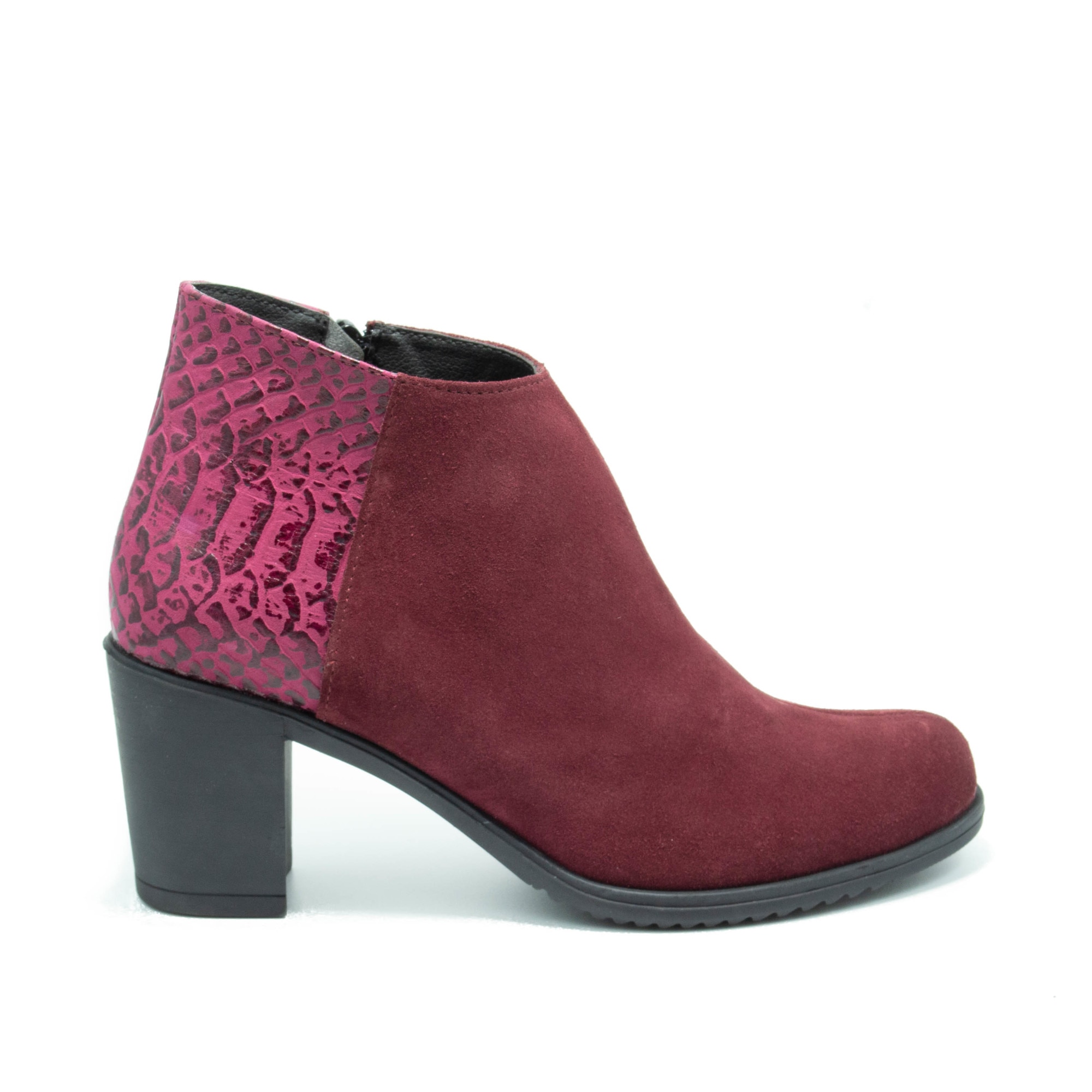 Botine, Donna Mia 1839, din piele naturala tip velur si piele imitatie sarpe, Bordeaux/Burgundy/Bordo