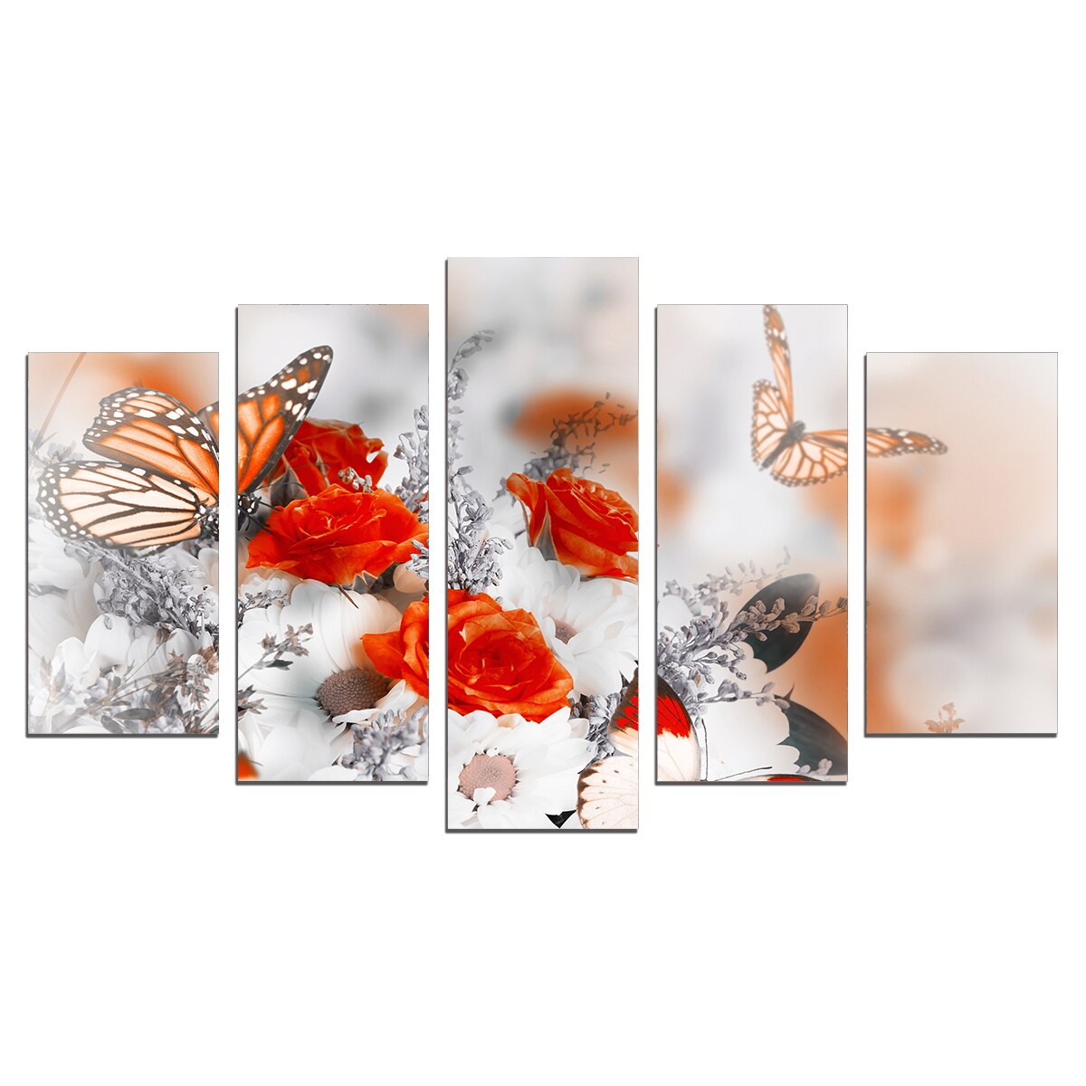 Set Tablouri Multicanvas 5 Piese, Trandafiri si fluturi,158х90 cm
