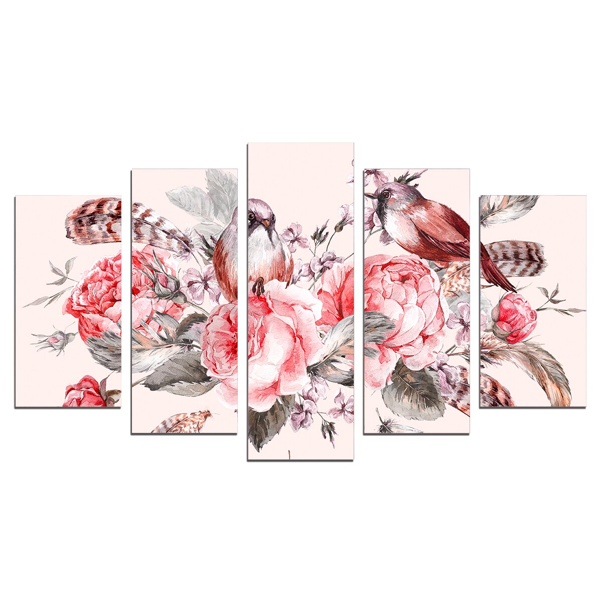 Set Tablouri Multicanvas 5 Piese, Trandafiri si pasari vintage,108х60 cm