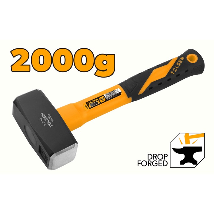 Ciocan Piatra 2000g TOLSEN GRIPro, Maner 2 Componente pentru Ergonomie si Reducerea Socurilor, Cap Otel Carbon Forjat, Tratament Termic, cap otel carbon forjat in matrita, tratament termic, rezistenta sporita, durabil, pentru uz profesional