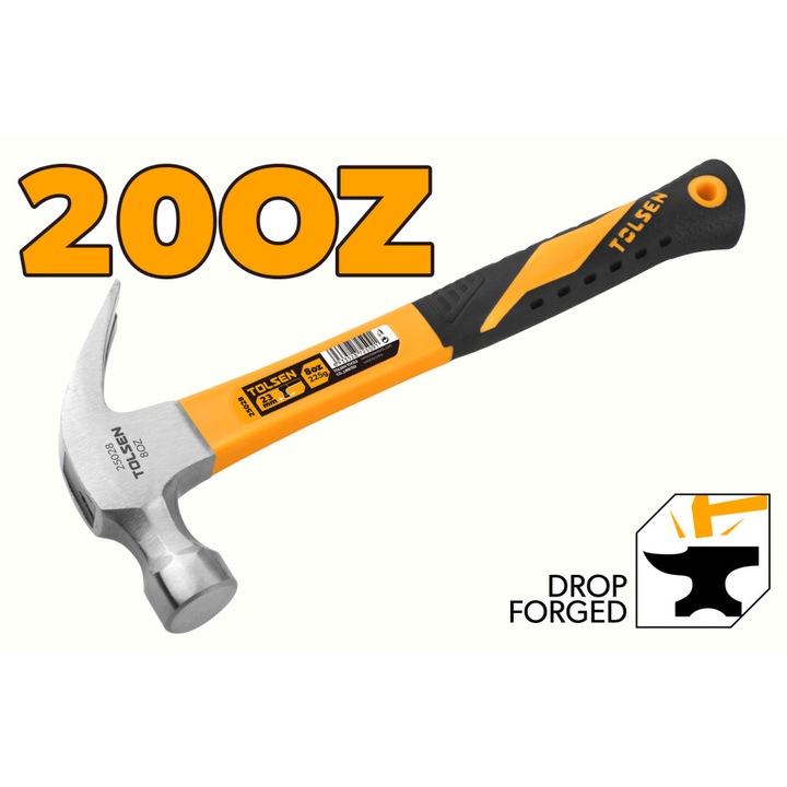 Ciocan cu Varf Curbat 650g TOLSEN GRIPro, Maner 2 Componente pentru Ergonomie si Reducerea Socurilor, Cap Otel Carbon Forjat, Tratament Termic, cap otel carbon forjat in matrita, tratament termic, rezistenta sporita, durabil, pentru uz profesional
