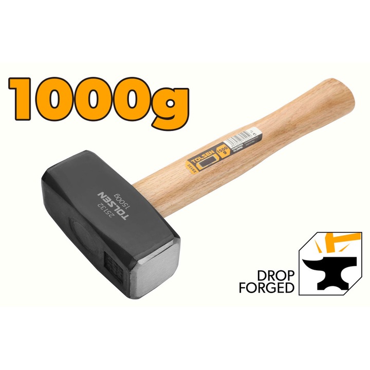 Ciocan pentru Piatra 1000g TOLSEN, Maner Lemn, Cap Otel Carbon Forjat, Tratament Termic, suprafata de percutie plana, rezistenta maxima, maner din lemn robust, bara forjata de inalta calitate, ideal pentru constructie, demolare si zidarie