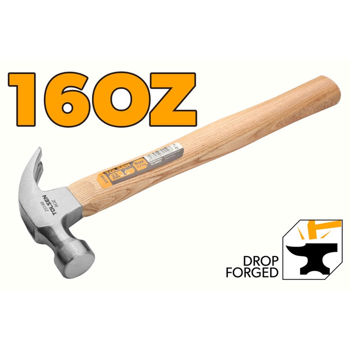 Ciocan TOLSEN 450 g, maner din lemn, cap otel carbon forjat si tratat termic, maner din lemn lustruit, varf curbat pentru extragere cuie, rezistenta la uzura si coroziune, ideal pentru tamplarie, dulgherie si bricolaj, prindere sigura