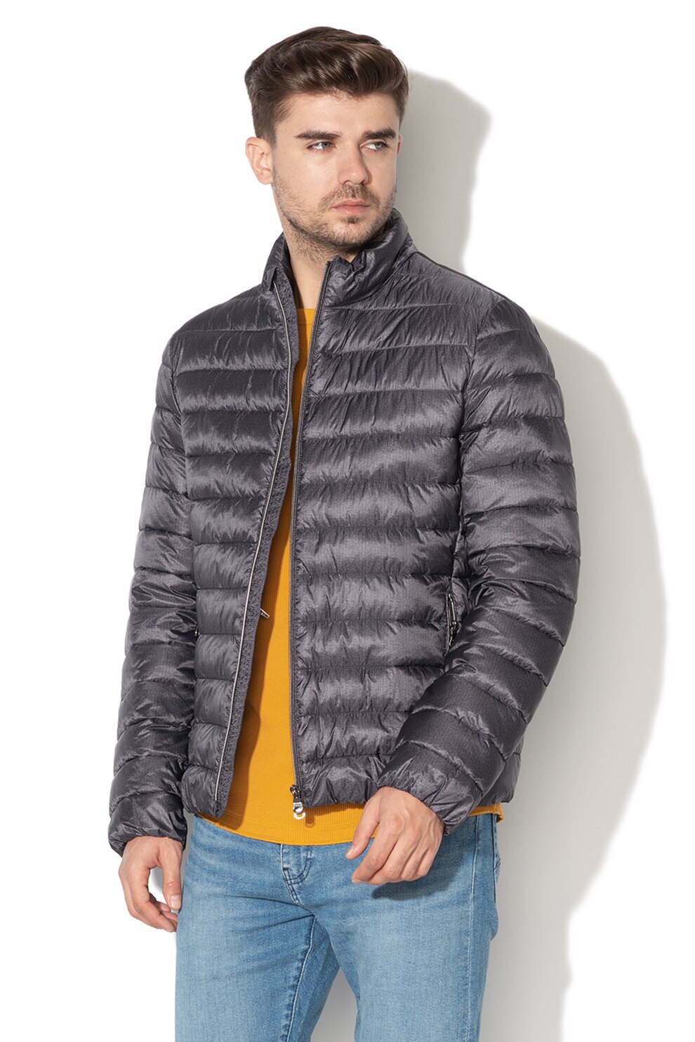 Geox, Geaca cu model heringbone discret, Gri inchis