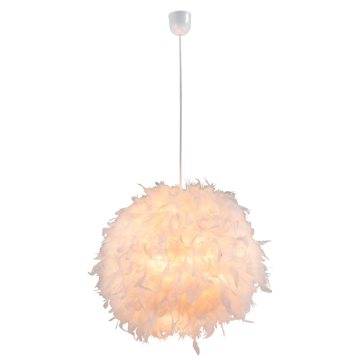 DacEnergy© окачване, модерен дизайн, кръгъл абажур, декориран с пера, 40W, един фасунга E27, бял цвят