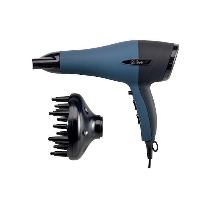 Uscator Profesional de par Qlive cu generare de Ioni si Brushing, Putere Variabila 1800W-2200W, 3 Trepte de temperatura, 2 trepte de viteza, Bucla de suspendare, Maner Anti detasabil, Albastru/negru