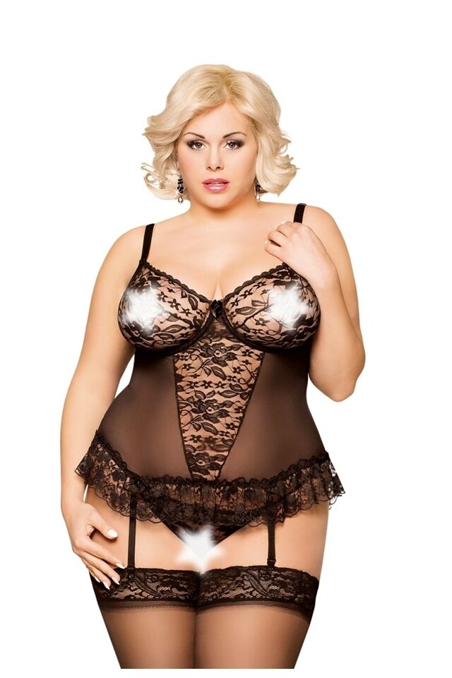 Set 2 piese, Softline, Corset cu pojartiera si G-String Estella 1816, ajustabil, tul si dantela, negru
