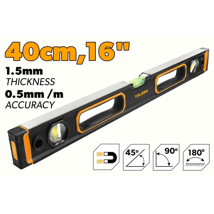 Nivela cu magnet TOLSEN Industrial 40cm (16"), aluminiu grosime 1.5mm, precizie 0.5mm/m, 3 fiole 90°/180°/45°, maner ergonomic, capete antishock, suprafete frezate