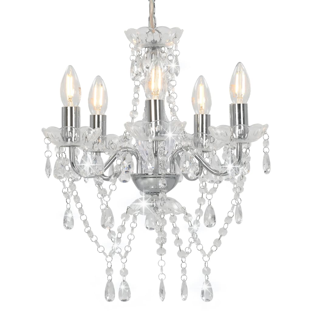 Candelabru cu margele tip cristal, vidaXL, Metal, 5x E14, 38 x 42 cm, Argintiu