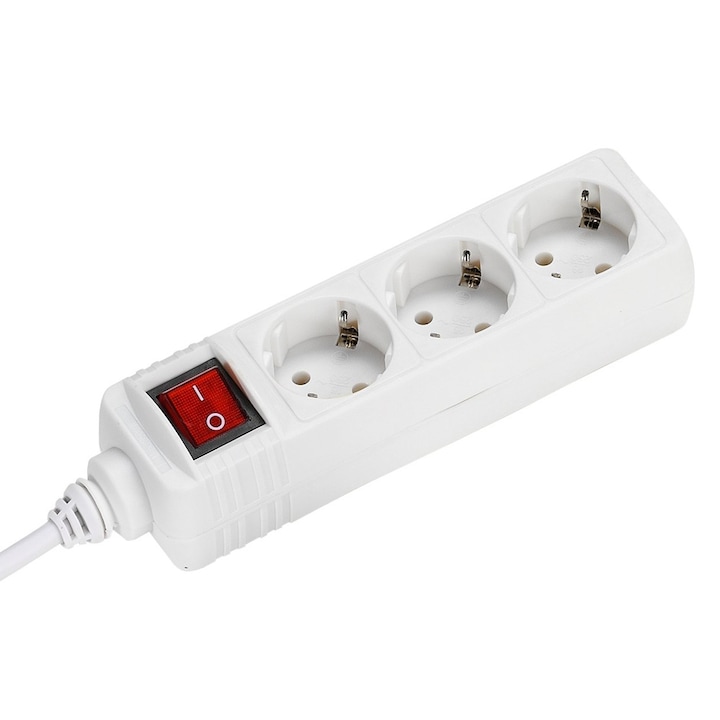 Разклонител Xmart GNB-03K, Защита за деца, 3 гнезда, Светещ ключ, Кабел 1.5 м, Бял