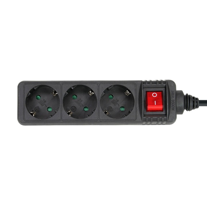 Разклонител Xmart GNB-03K, Защита за деца, 3 гнезда, Светещ ключ, Кабел 1.5 м, Черен