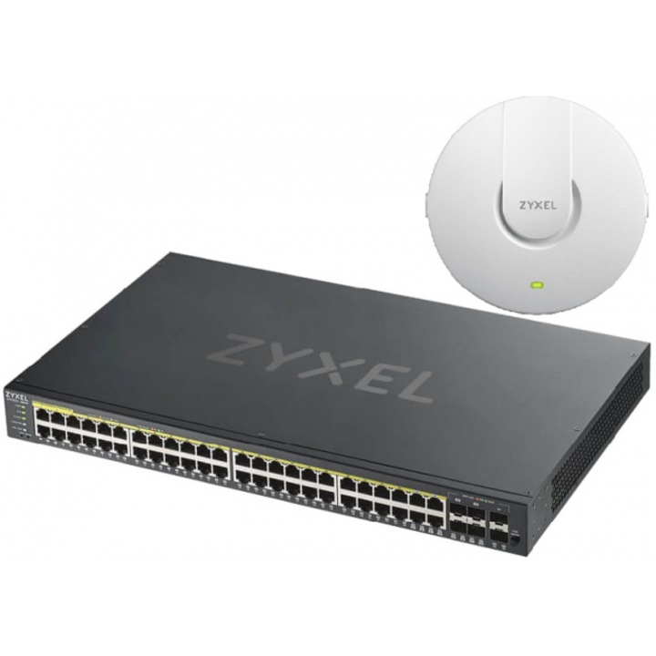 Kit promo Switch ZYXEL GS1920-48HPV2, 50 porturi Gigabit Smart-Managed PoE + Access Point NWA1123ACv2 PRO