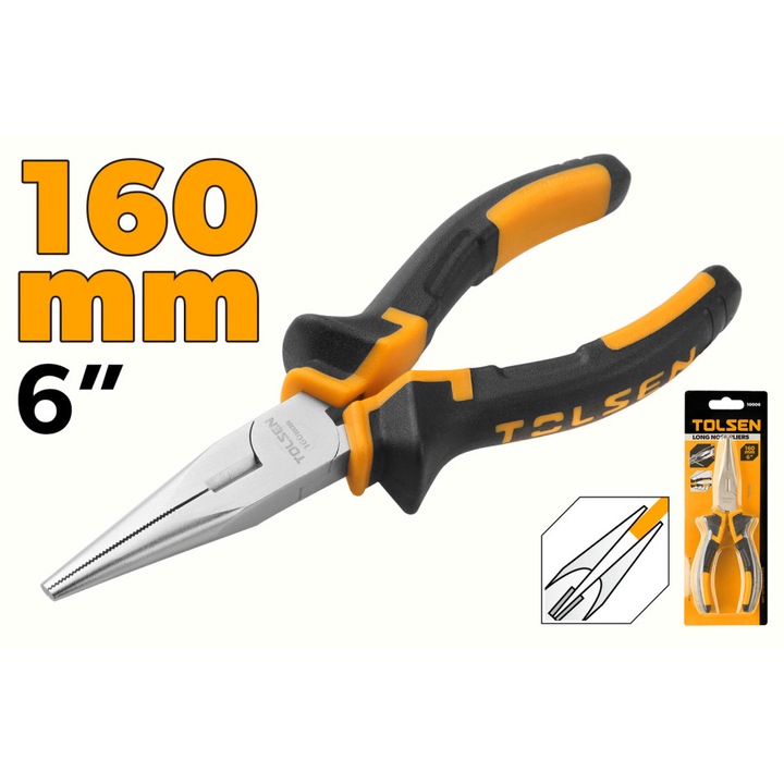 Cleste cu varf ascutit TOLSEN 160 mm, otel forjat cu finisaj nichel, maner ergonomic din 2 componente, ideal pentru prindere precisa si lucrari de detaliu