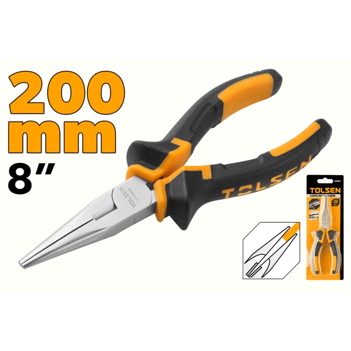 Cleste cu varf ascutit TOLSEN 200 mm, otel forjat cu finisaj nichel, maner ergonomic din 2 componente, ideal pentru prindere precisa si lucrari de detaliu