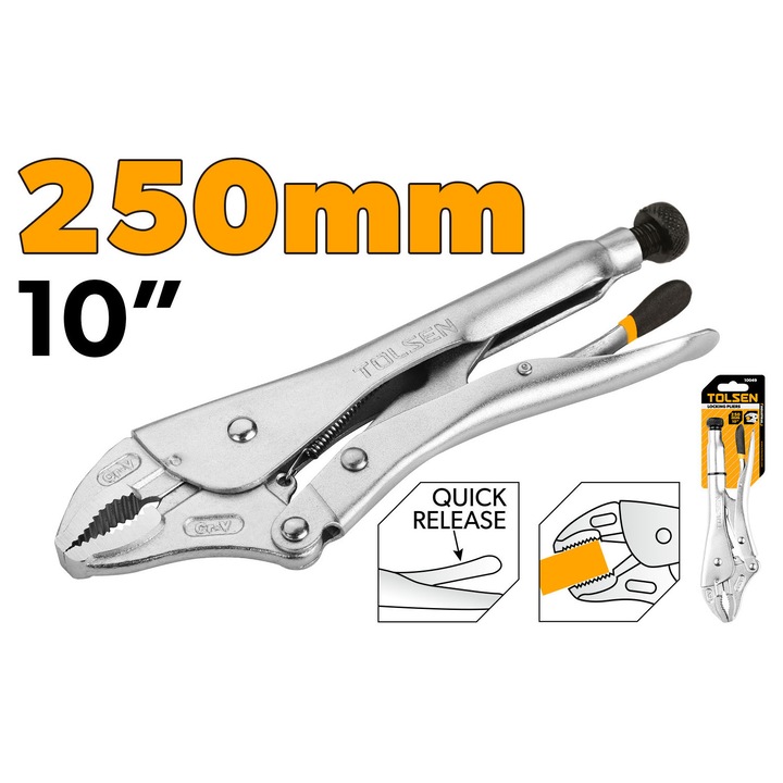 Cleste cu autoblocare TOLSEN 250 mm, Cr-V, Industrial, duritate HRC52–56, deschidere maxima 50 mm, finisaj nichel, ideal pentru prindere ferma si fixare sigura, mecanism de blocare pentru prindere stabila, otel Cr-V tratat termic duritate HRC52-56