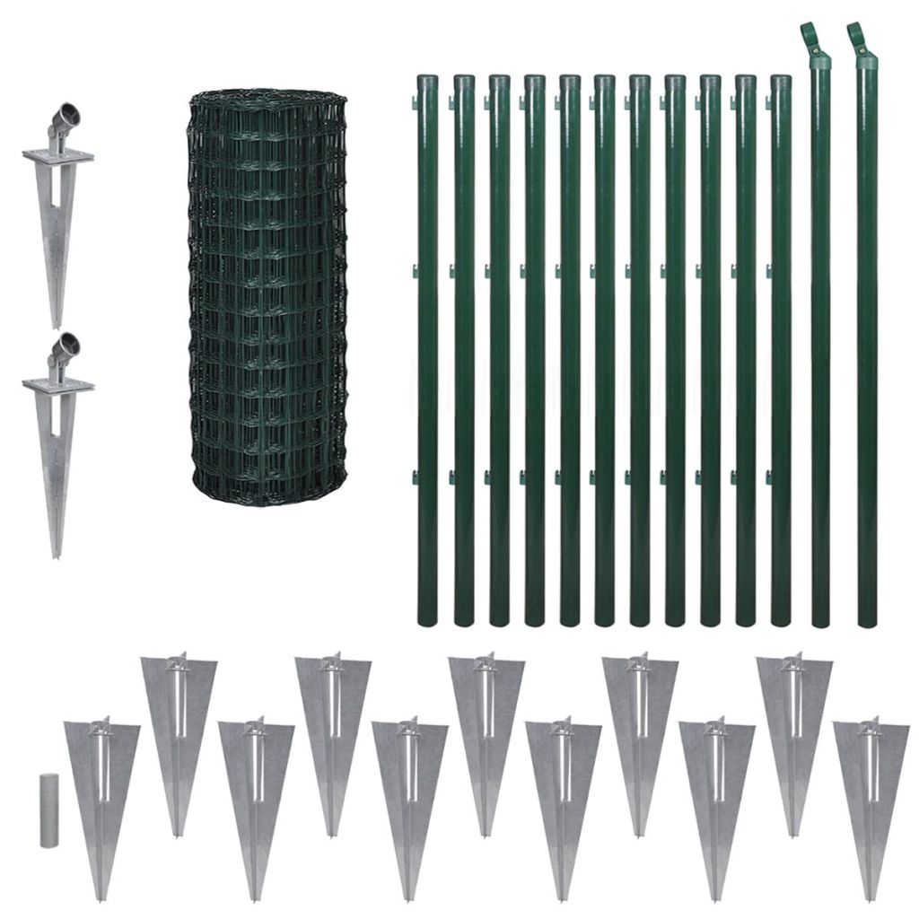 Set de gard de plasa si tarusi, vidaXL, Otel acoperit cu PVC, 25 x 1 m, 100 x 100 mm, Verde