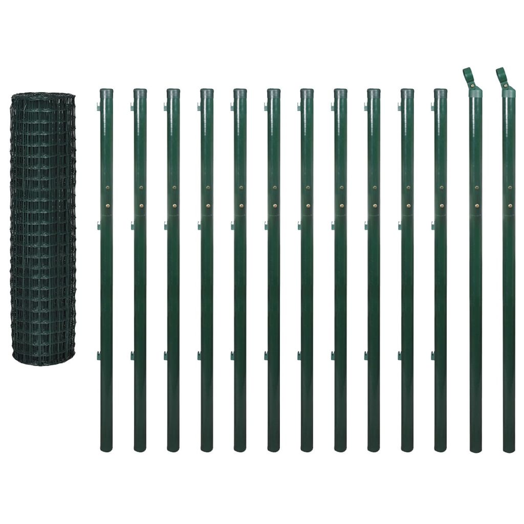 Set de gard de plasa si tarusi, vidaXL, Otel, 25 x 1.7 m, 100 x 100 mm, Verde