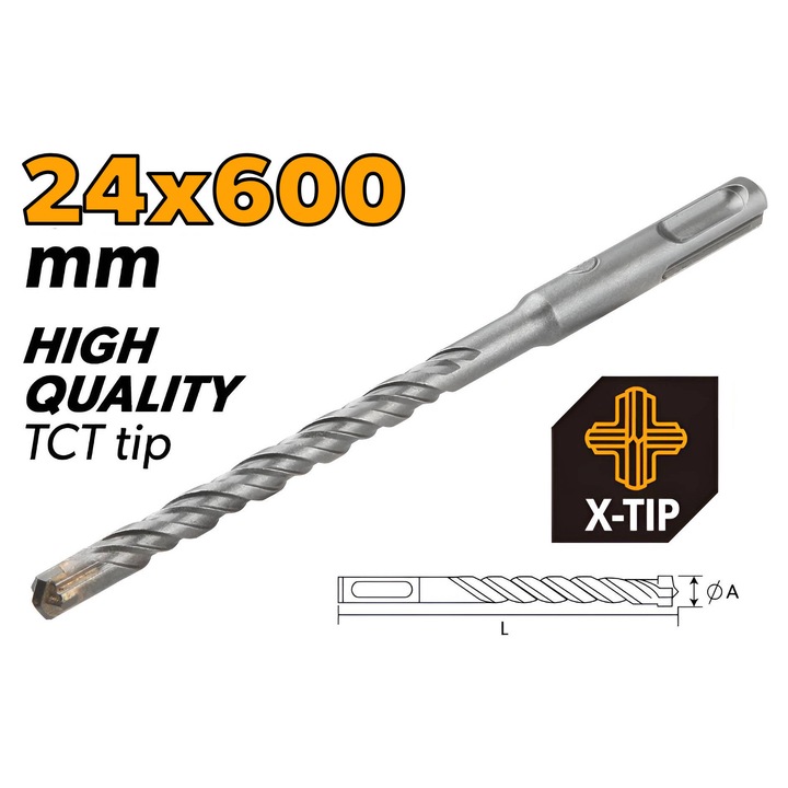 Burghiu SDS-Plus JOKA 24x600mm tip X, TCT de inalta calitate, otel aliat cromat, flaut dublu, coada SDS-Plus, finisaj cu nisip fin, pentru gaurire adanca si precisa in beton si zidarie