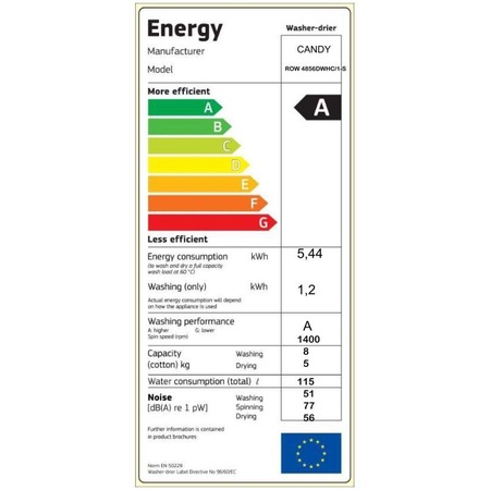 Masina de spalat rufe cu uscator Candy RapidO ROW 4856DWHC/1-S, 1400 RPM, Spalare 8 kg/Uscare 5 kg, Clasa A, Motor Inverter, Wi-Fi, Smart Steam, Alb