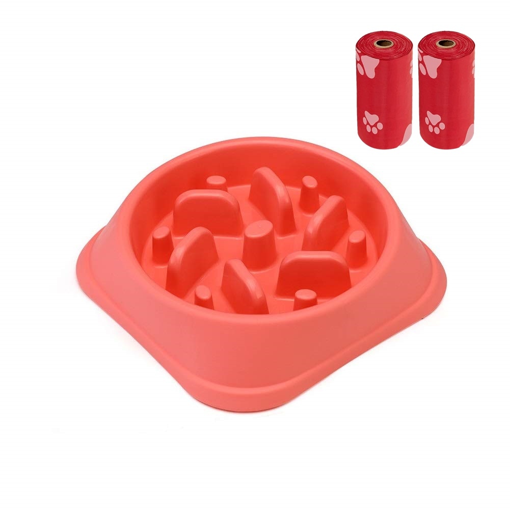Castron Hranire Lenta Caini FizioTab® si 2 Pungi Igienice, Pentru Prevenirea Indigestiei, Slow Feed Bowl Interactiv Catei, pentru Mancare sau Apa, Antiderapant, Roz