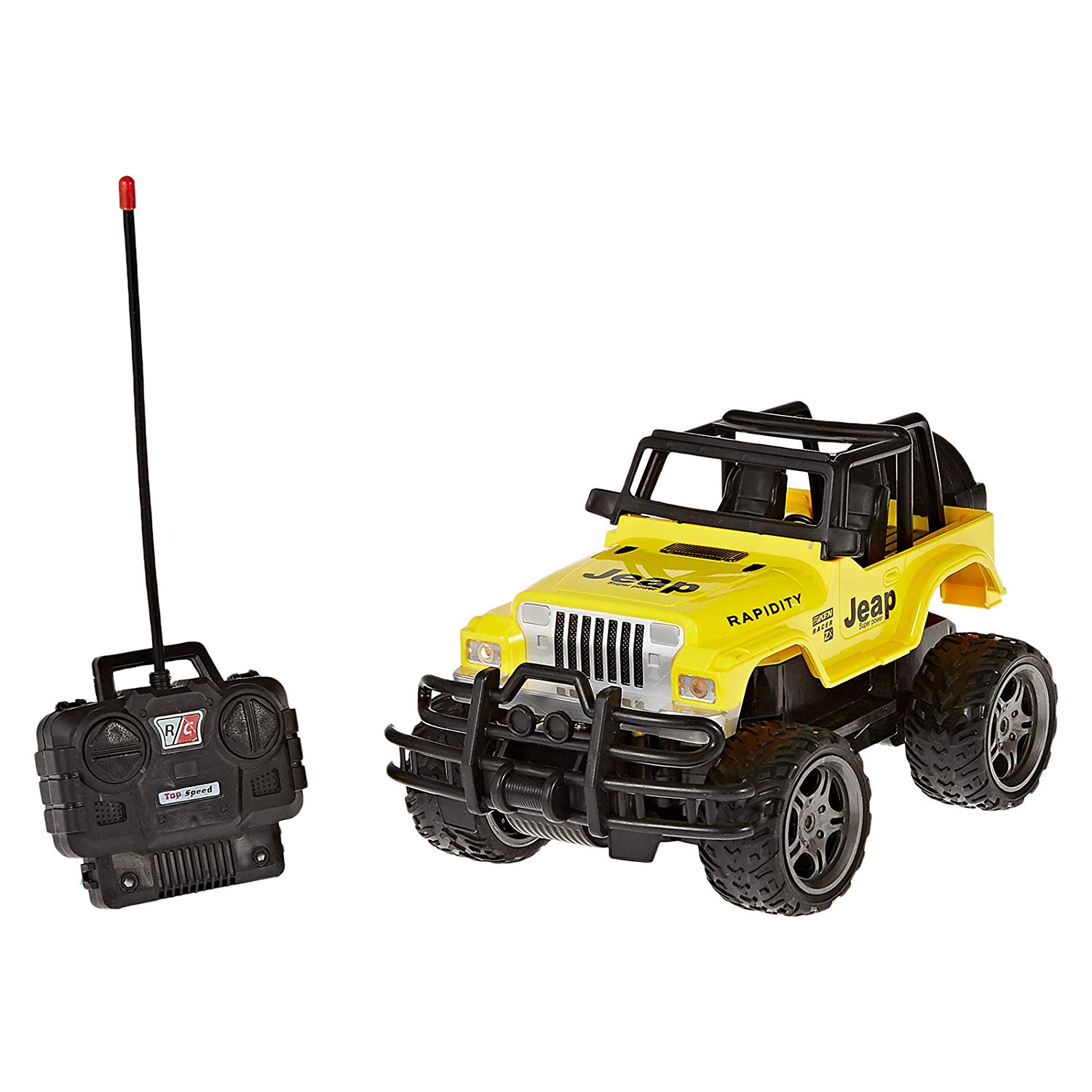 Masinuta radiocomandata JEAP CROSS 1/14 SCALA cu faruri care se aprind si sunete reale, Galbena
