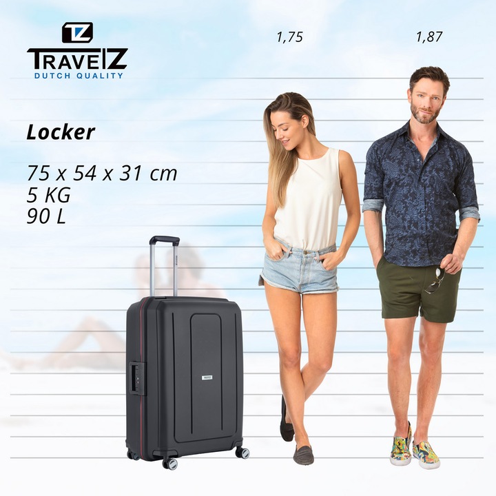 Troler Mare, TravelZ, Locker, Polipropilena, Cifru TSA, Inchidere cu clapeta, 76 cm, Negru