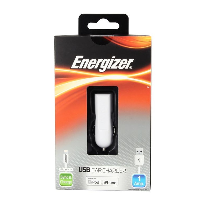 Зарядно устройство за кола ENERGIZER с Lightning кабел, 1xUSB, 1A, Бяло