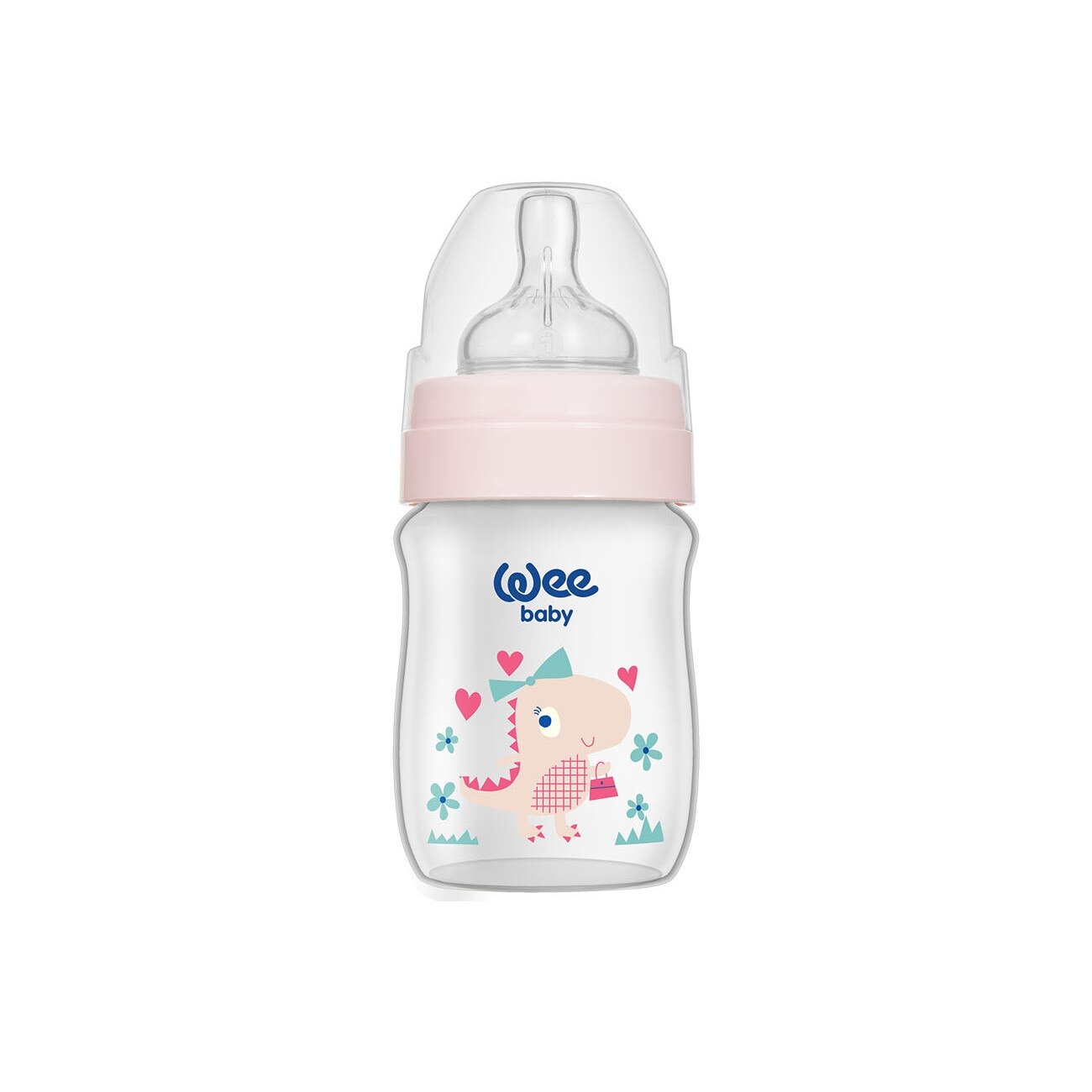 Biberon Wee Baby 125 ml pp gura larga tetina silicon 0-6 luni, desen cu dinozaur roz 0% BPA