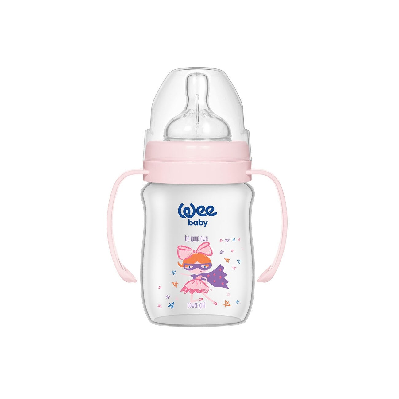 Biberon Wee Baby 125 ml din pp gura larga cu manere, desen power girl0% BPA