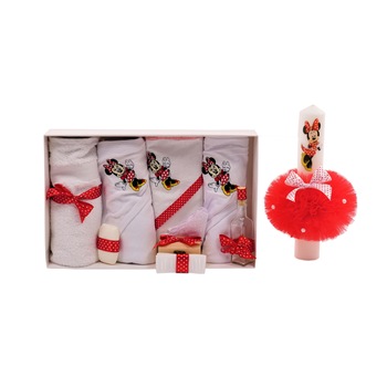 Set trusou si lumanare de botez, Duomar, figurina Minnie, Alb / Rosu, 10 piese, 0-12 luni Set trusou si lumanare de botez, Duomar, figurina Minnie, Alb / Rosu, 10 piese, 0-12 luni