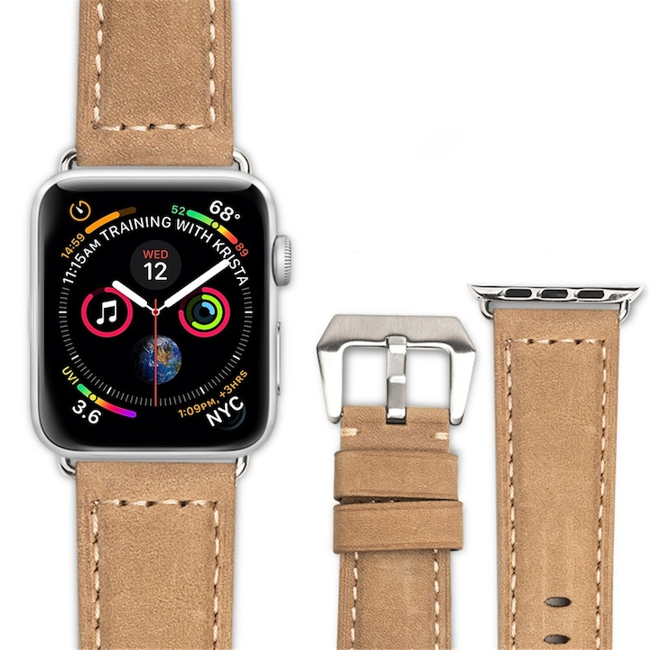Apple Watch Series SE, 6, 5, 4 - 44mm, 1, 2, 3 - 42mm, öv természetes bőrből, ROPS Art Luxury by Qialino, Dohány barna