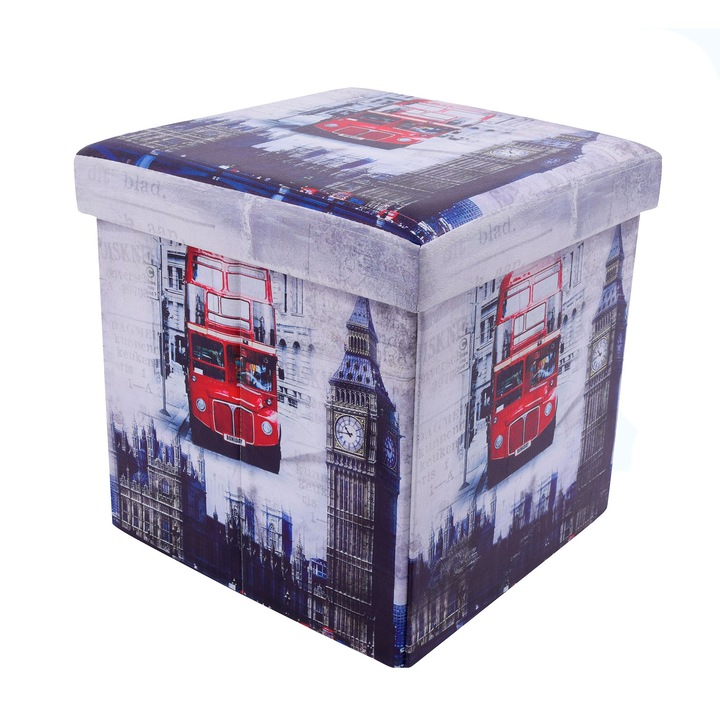 Taburet cub ART Big Ben pliabil, captusit in interior cu material textil sintetic negru, iar in exterior este tapitat cu imitatie de piele , 38 x 38 x 38 cm