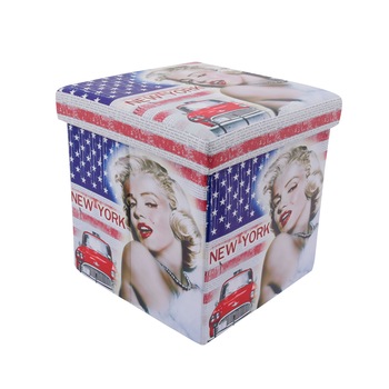 Taburet Marilyn Monroe tip cub, cu spatiu depozitare, pliabil, patrat, imitatie piele multicolora, 38 x 38 x 38 cm Taburet Marilyn Monroe tip cub, cu spatiu depozitare, pliabil, patrat, imitatie piele multicolora, 38 x 38 x 38 cm