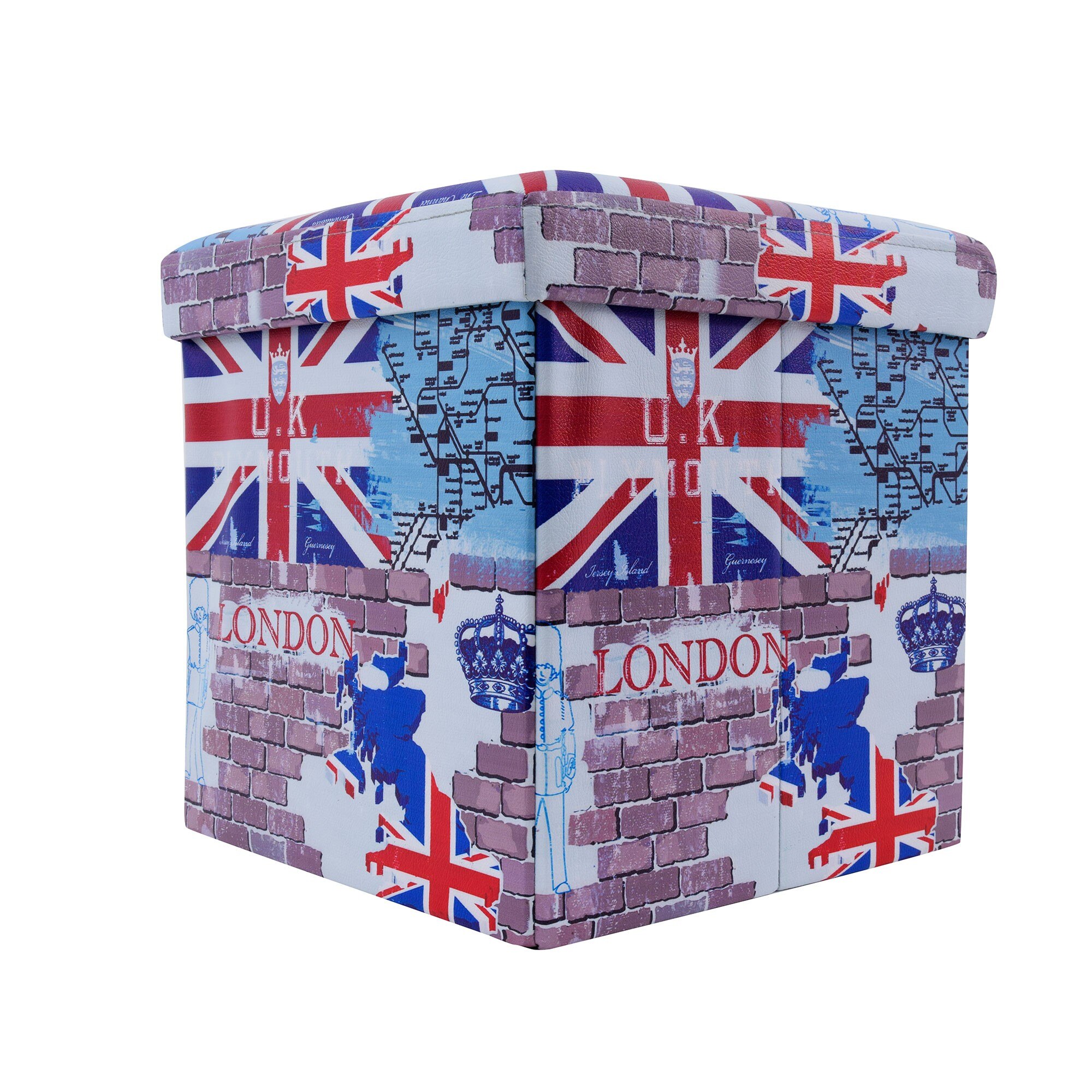 Taburet London tip cub, cu spatiu depozitare, pliabil, patrat, imitatie piele multicolora, 38 x 38 x 38 cm