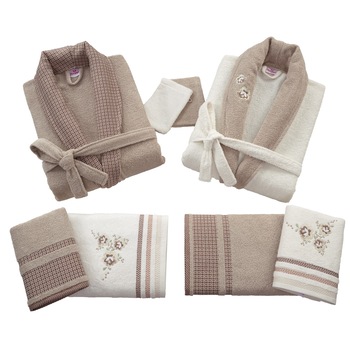 Set 2 Halate si 6 Prosoape din Bumbac 100% 16 piese Extrem de Elegante crem + bej deschis Set 2 Halate si 6 Prosoape din Bumbac 100% 16 piese Extrem de Elegante crem + bej deschis