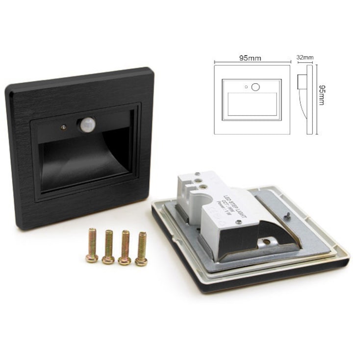 Spot Led Scara/ Incastrabil, Hol 1W Negru cu Senzor Prezenta + Senzor Crepuscular Lumina Neutra, IP20