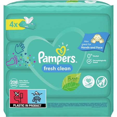 Мокри кърпички Pampers Fresh Clean, 4 пакета x 52, 208 броя