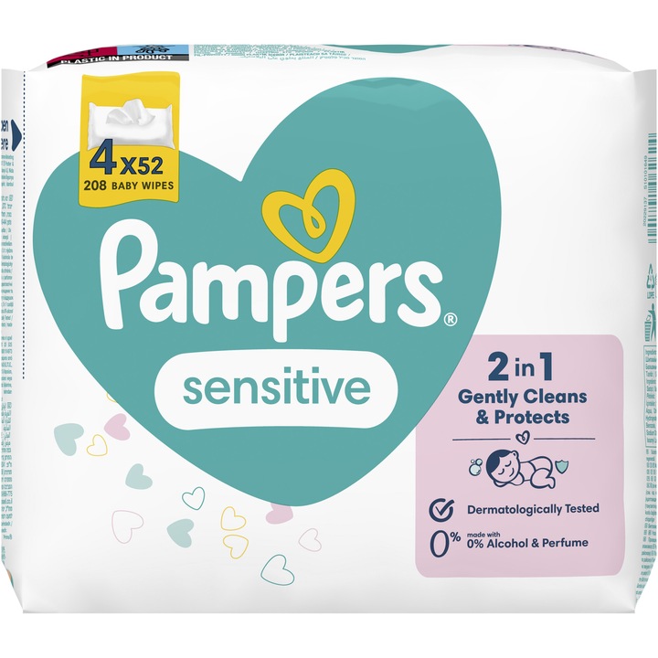 Мокри кърпички Pampers Sensitive, 4 пакета x 52, 208 броя